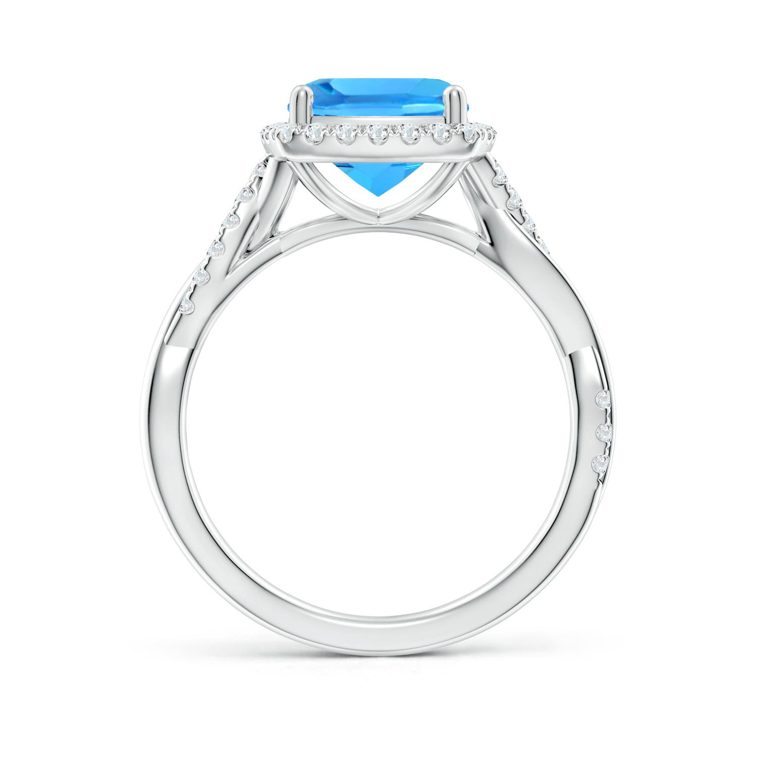 8mm AAAA Twisted Shank Cushion Swiss Blue Topaz Halo Engagement Ring in P950 Platinum