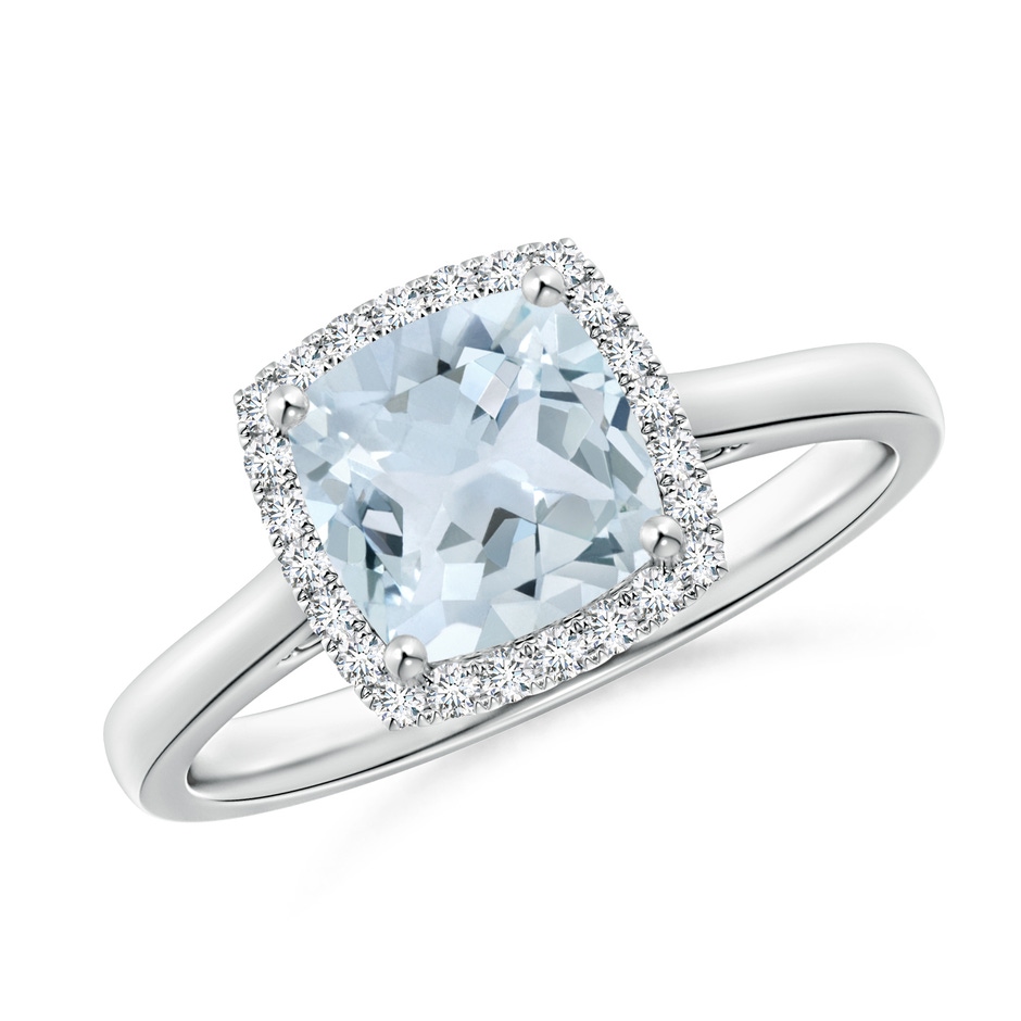 7mm A Classic Cushion Aquamarine Halo Engagement Ring in White Gold 