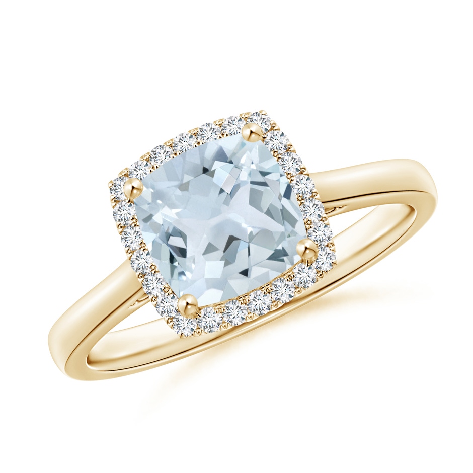 7mm A Classic Cushion Aquamarine Halo Engagement Ring in Yellow Gold 