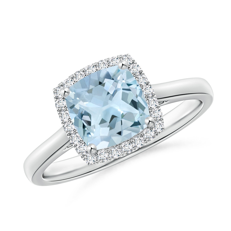 7mm AA Classic Cushion Aquamarine Halo Engagement Ring in 9K White Gold 