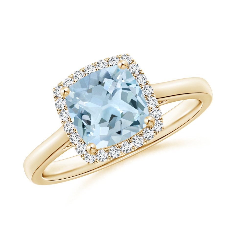 7mm AA Classic Cushion Aquamarine Halo Engagement Ring in 9K Yellow Gold 