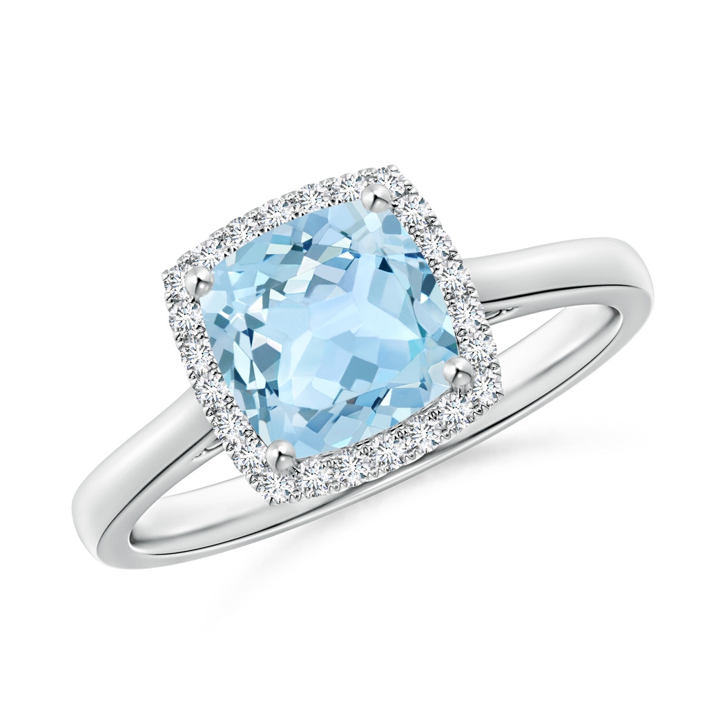 7mm AAA Classic Cushion Aquamarine Halo Engagement Ring in White Gold 