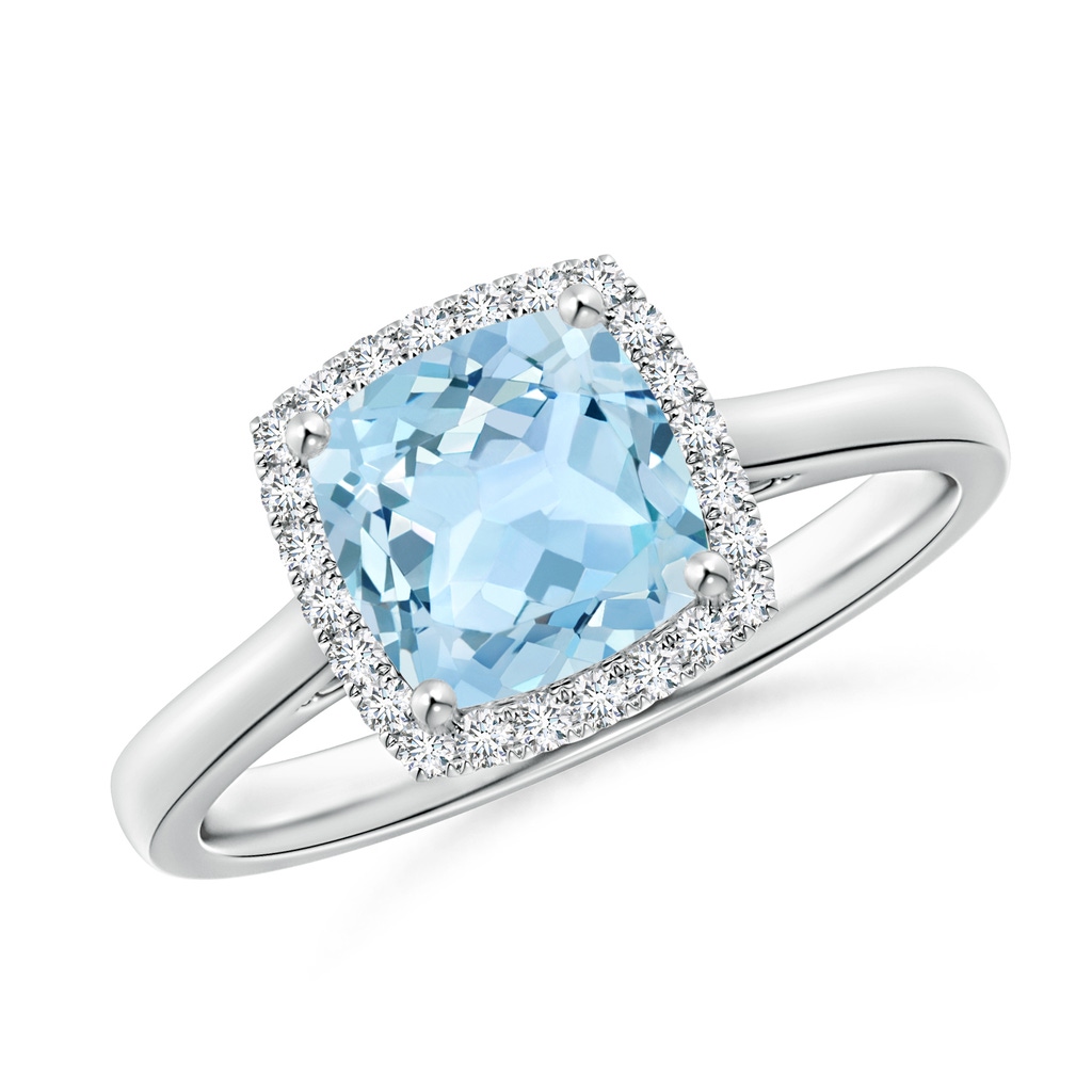 7mm AAA Classic Cushion Aquamarine Halo Engagement Ring in White Gold