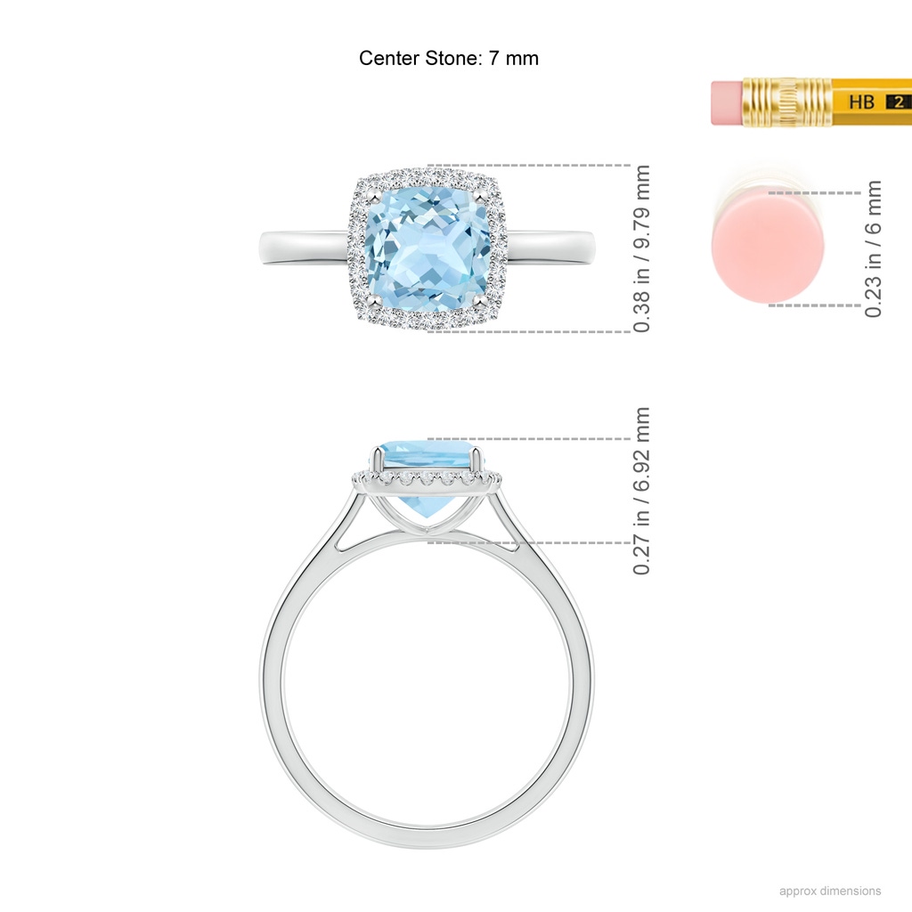 7mm AAA Classic Cushion Aquamarine Halo Engagement Ring in White Gold Ruler