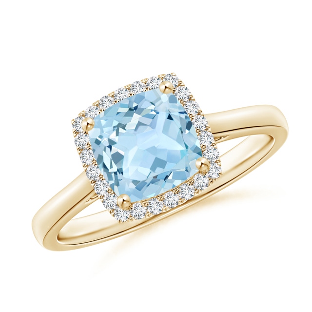 14K White Gold 7mm Cushion Cut Aquamarine & Diamond Halo Ring