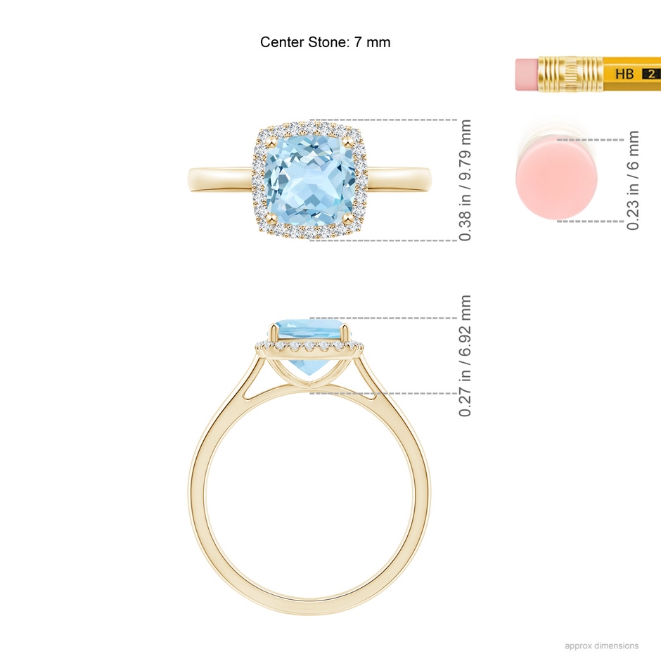 7mm AAA Classic Cushion Aquamarine Halo Engagement Ring in Yellow Gold ruler