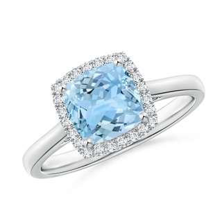 7mm AAAA Classic Cushion Aquamarine Halo Engagement Ring in White Gold