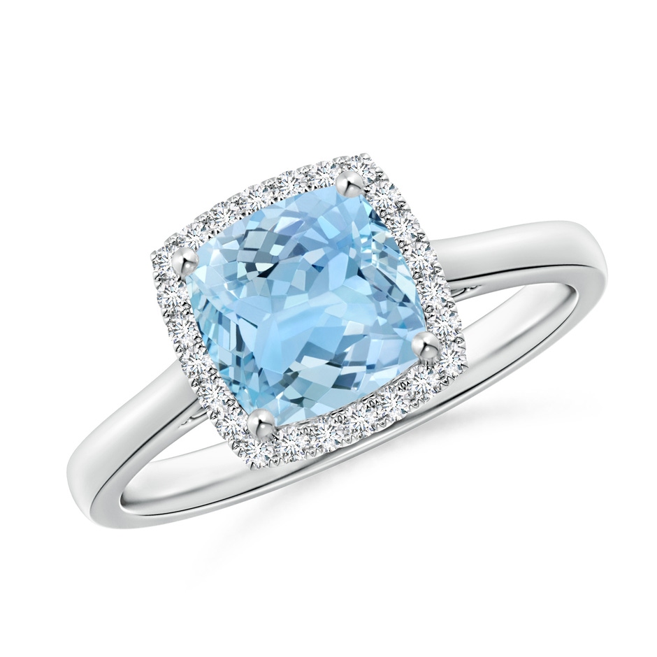 7mm AAAA Classic Cushion Aquamarine Halo Engagement Ring in White Gold 