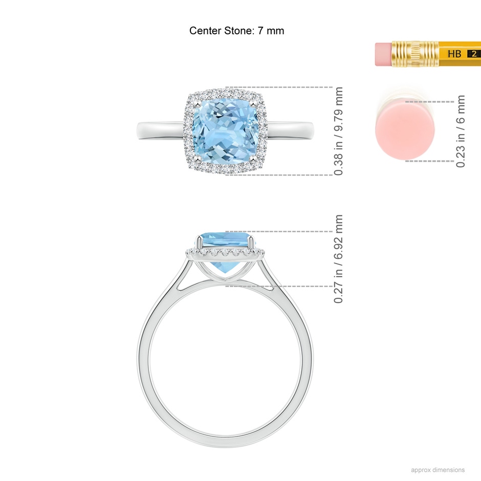 7mm AAAA Classic Cushion Aquamarine Halo Engagement Ring in White Gold ruler