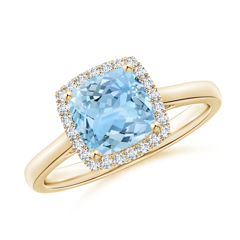 7mm AAAA Classic Cushion Aquamarine Halo Engagement Ring in Yellow Gold 