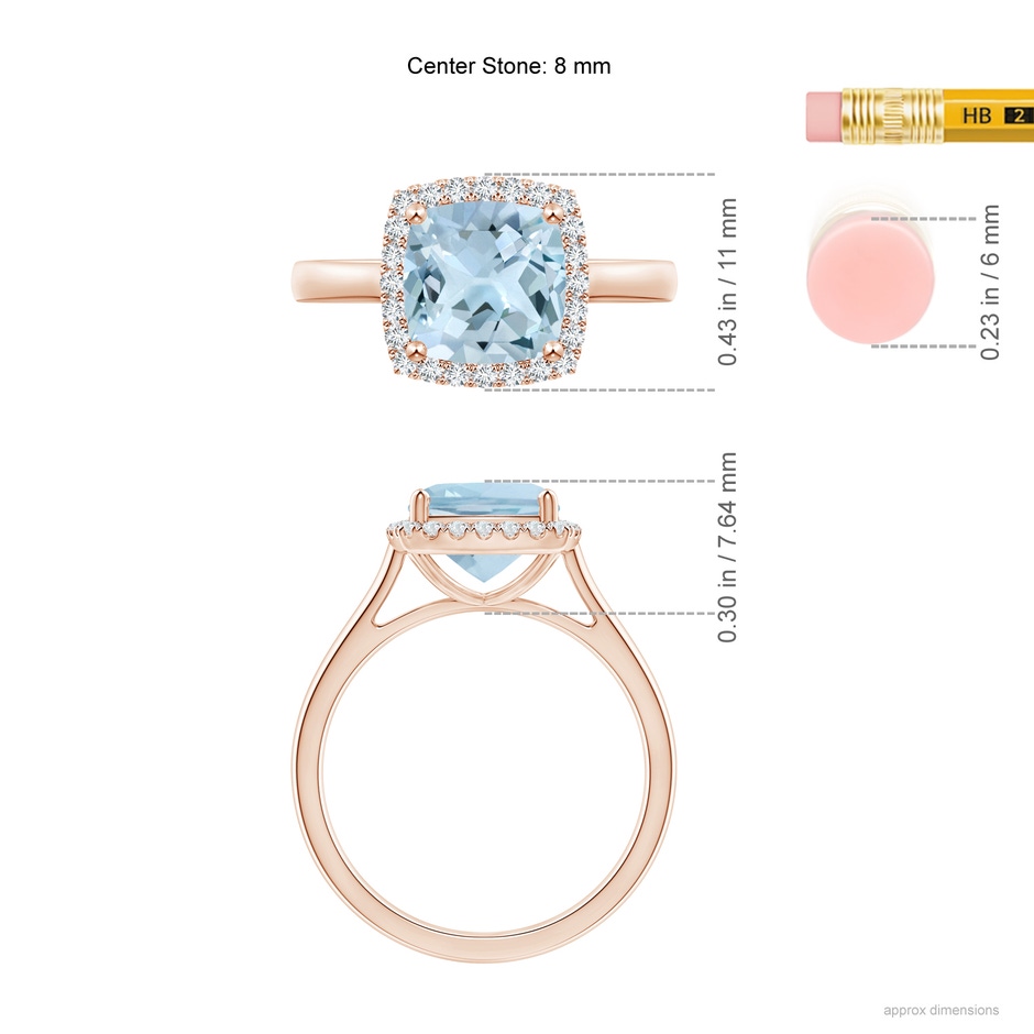 8mm AA Classic Cushion Aquamarine Halo Engagement Ring in Rose Gold ruler