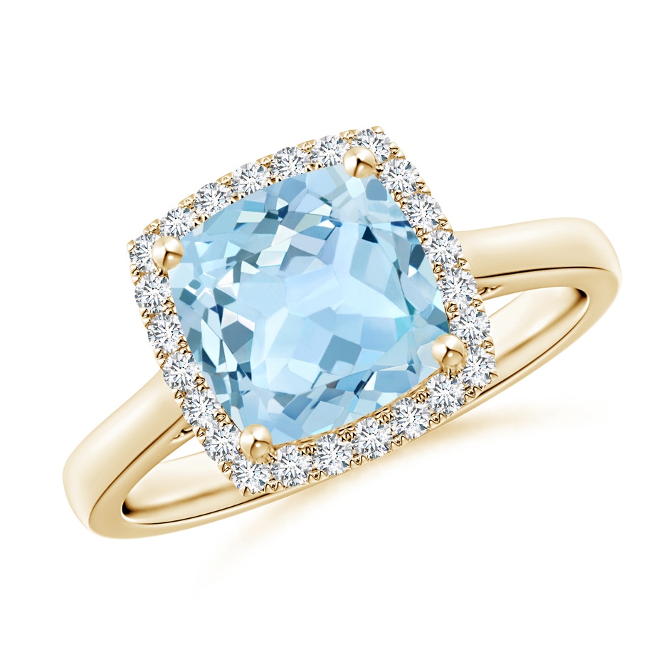 8mm AAA Classic Cushion Aquamarine Halo Engagement Ring in Yellow Gold 