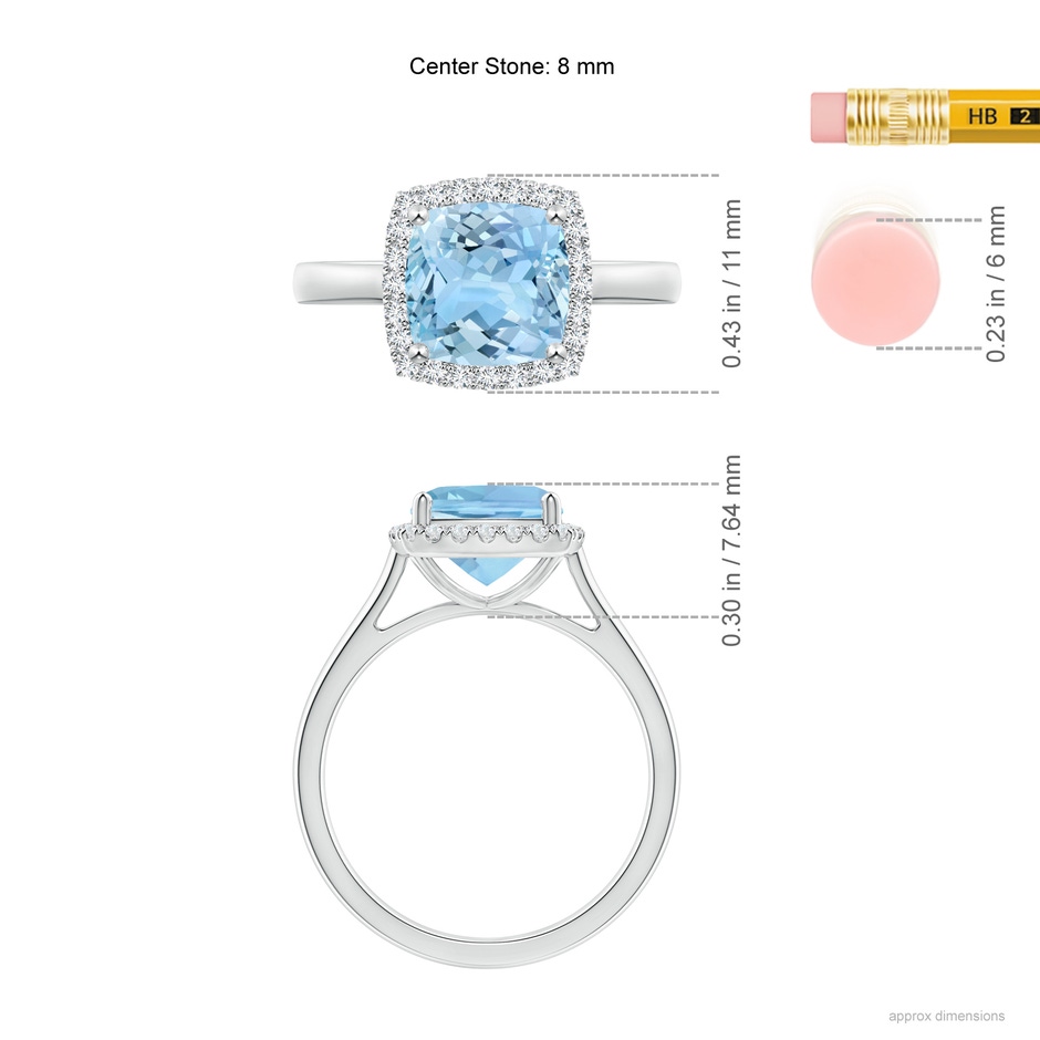 8mm AAAA Classic Cushion Aquamarine Halo Engagement Ring in White Gold ruler