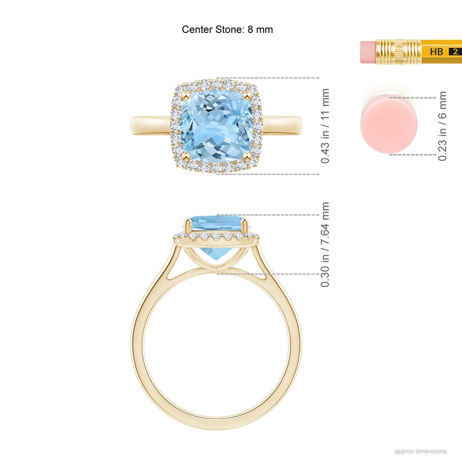 8mm AAAA Classic Cushion Aquamarine Halo Engagement Ring in Yellow Gold ruler