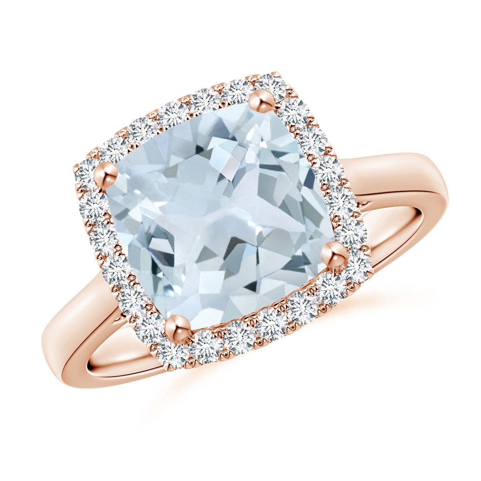 9mm A Classic Cushion Aquamarine Halo Engagement Ring in Rose Gold 