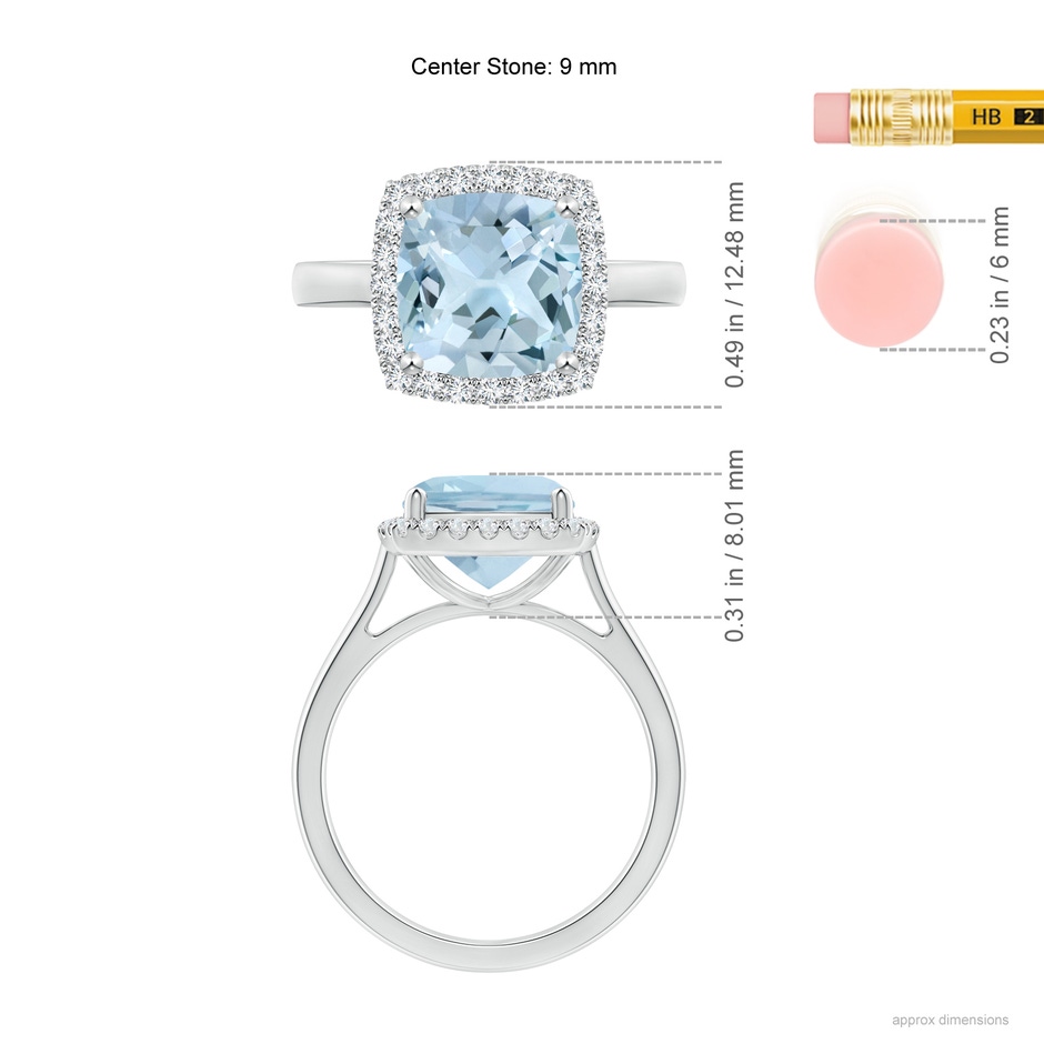 9mm AA Classic Cushion Aquamarine Halo Engagement Ring in P950 Platinum ruler