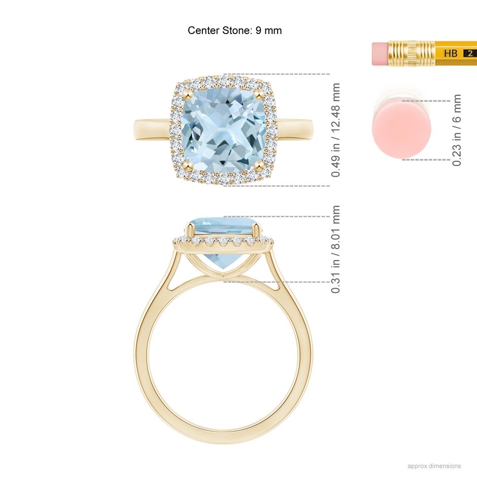 9mm AA Classic Cushion Aquamarine Halo Engagement Ring in Yellow Gold ruler