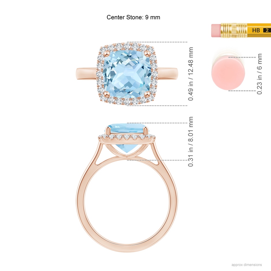 9mm AAA Classic Cushion Aquamarine Halo Engagement Ring in Rose Gold ruler