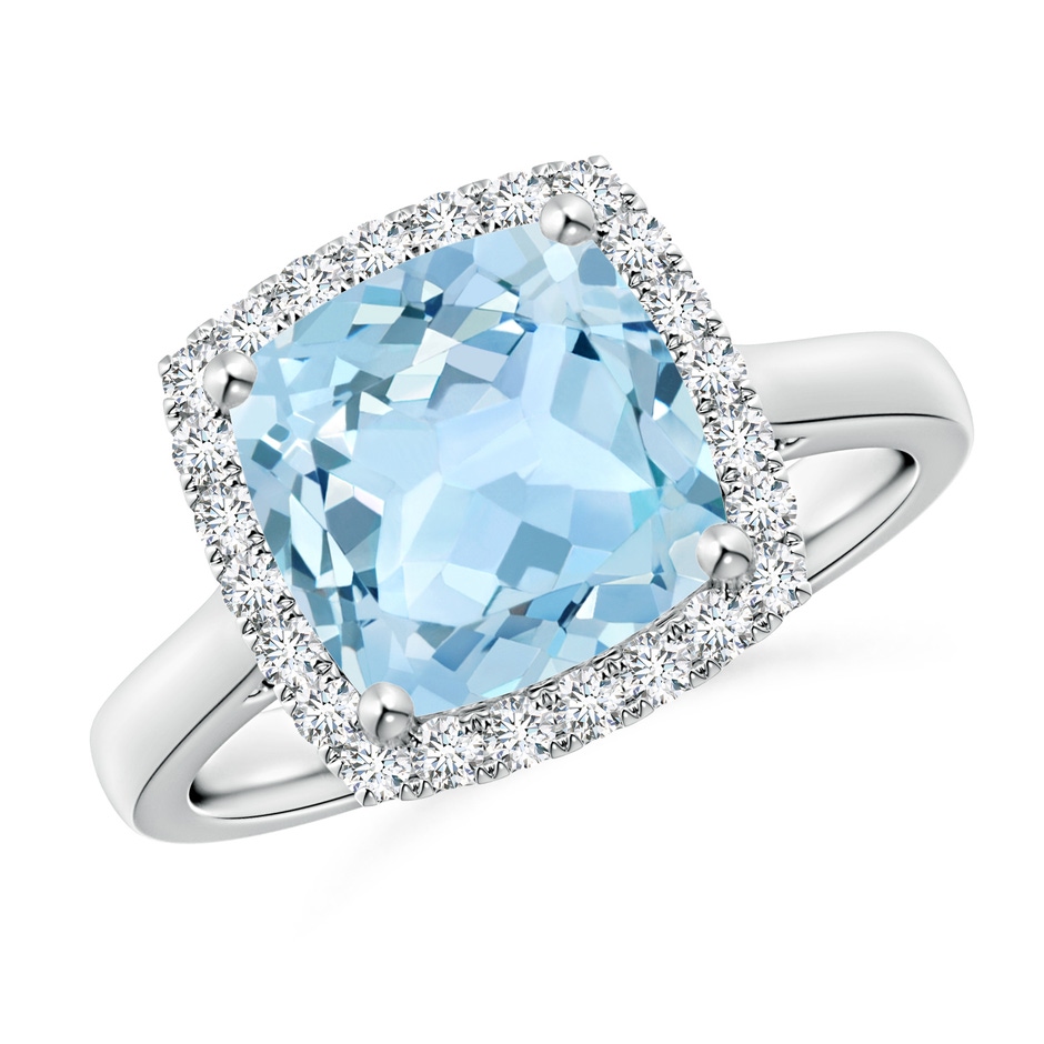 9mm AAA Classic Cushion Aquamarine Halo Engagement Ring in White Gold 