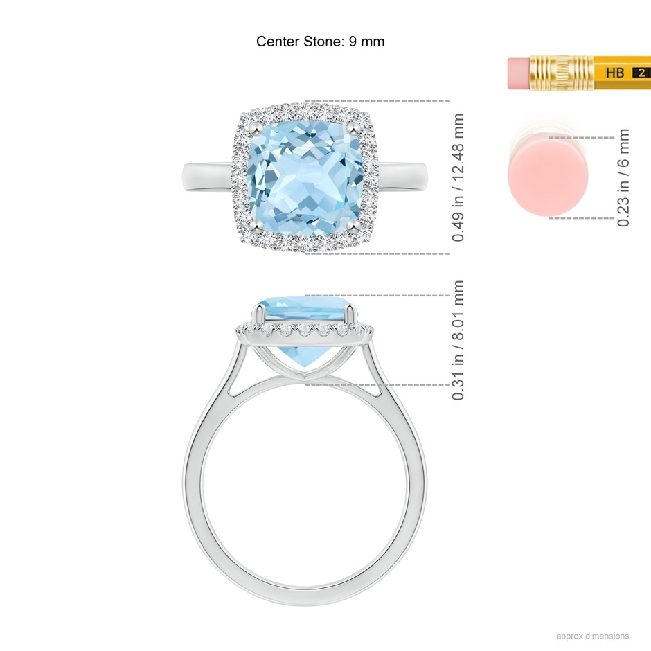 9mm AAA Classic Cushion Aquamarine Halo Engagement Ring in White Gold ruler
