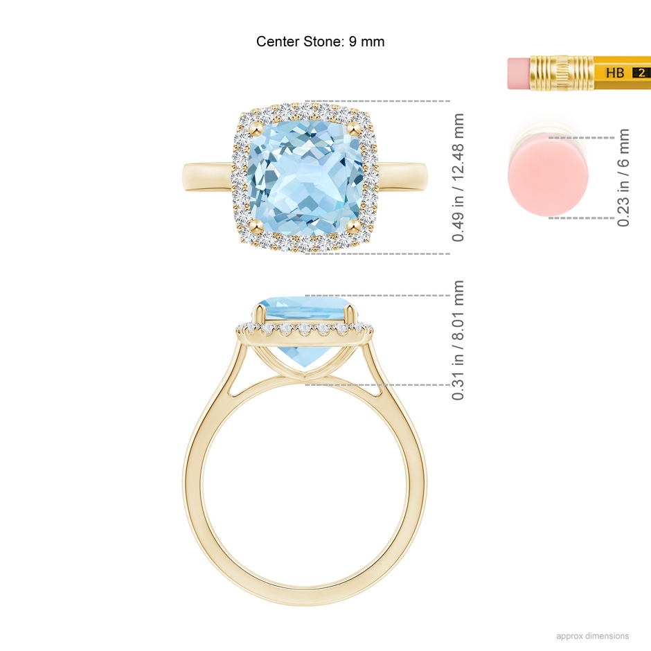9mm AAA Classic Cushion Aquamarine Halo Engagement Ring in Yellow Gold ruler