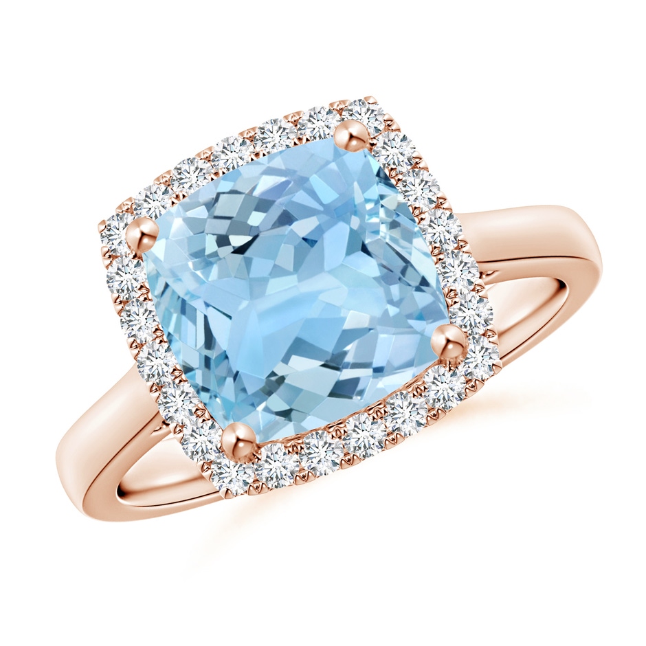 9mm AAAA Classic Cushion Aquamarine Halo Engagement Ring in Rose Gold 