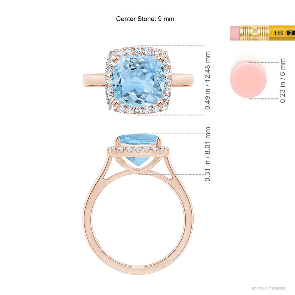 9mm AAAA Classic Cushion Aquamarine Halo Engagement Ring in Rose Gold ruler