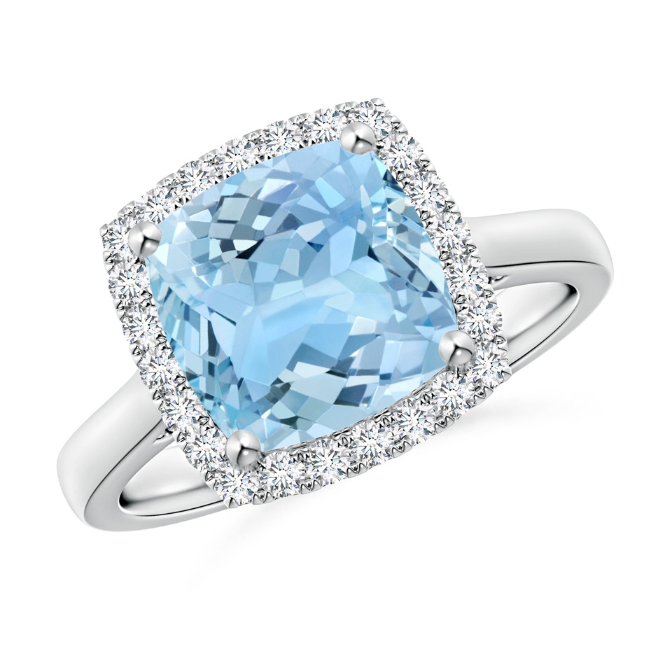 9mm AAAA Classic Cushion Aquamarine Halo Engagement Ring in White Gold 