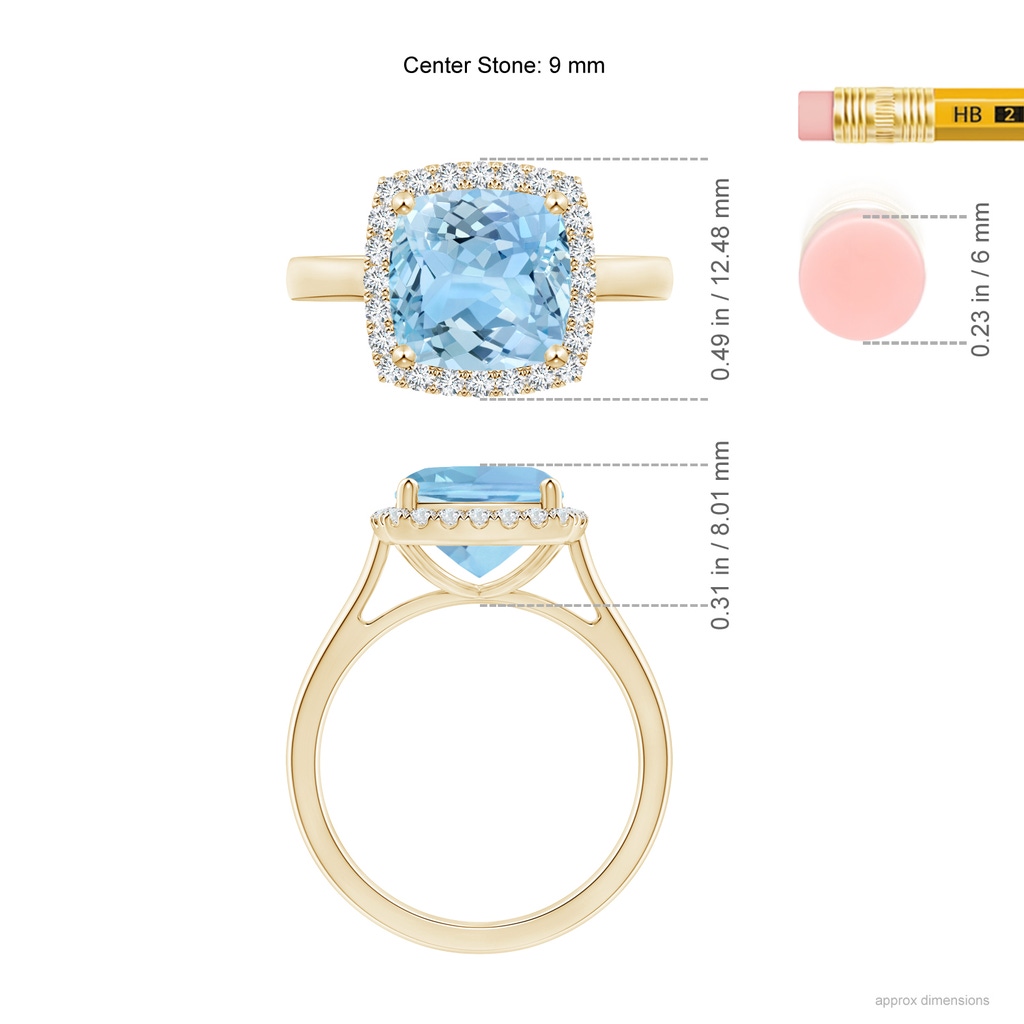 9mm AAAA Classic Cushion Aquamarine Halo Engagement Ring in Yellow Gold Ruler