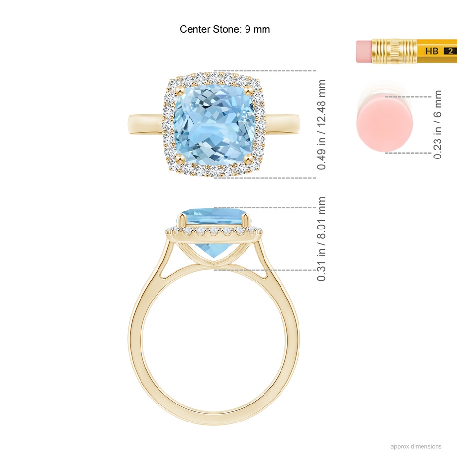 9mm AAAA Classic Cushion Aquamarine Halo Engagement Ring in Yellow Gold ruler