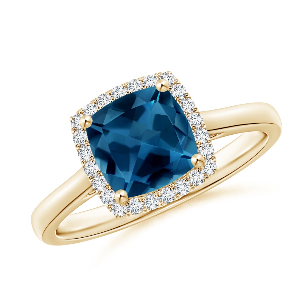 7mm AAA Classic Cushion London Blue Topaz Halo Engagement Ring in 18K Yellow Gold