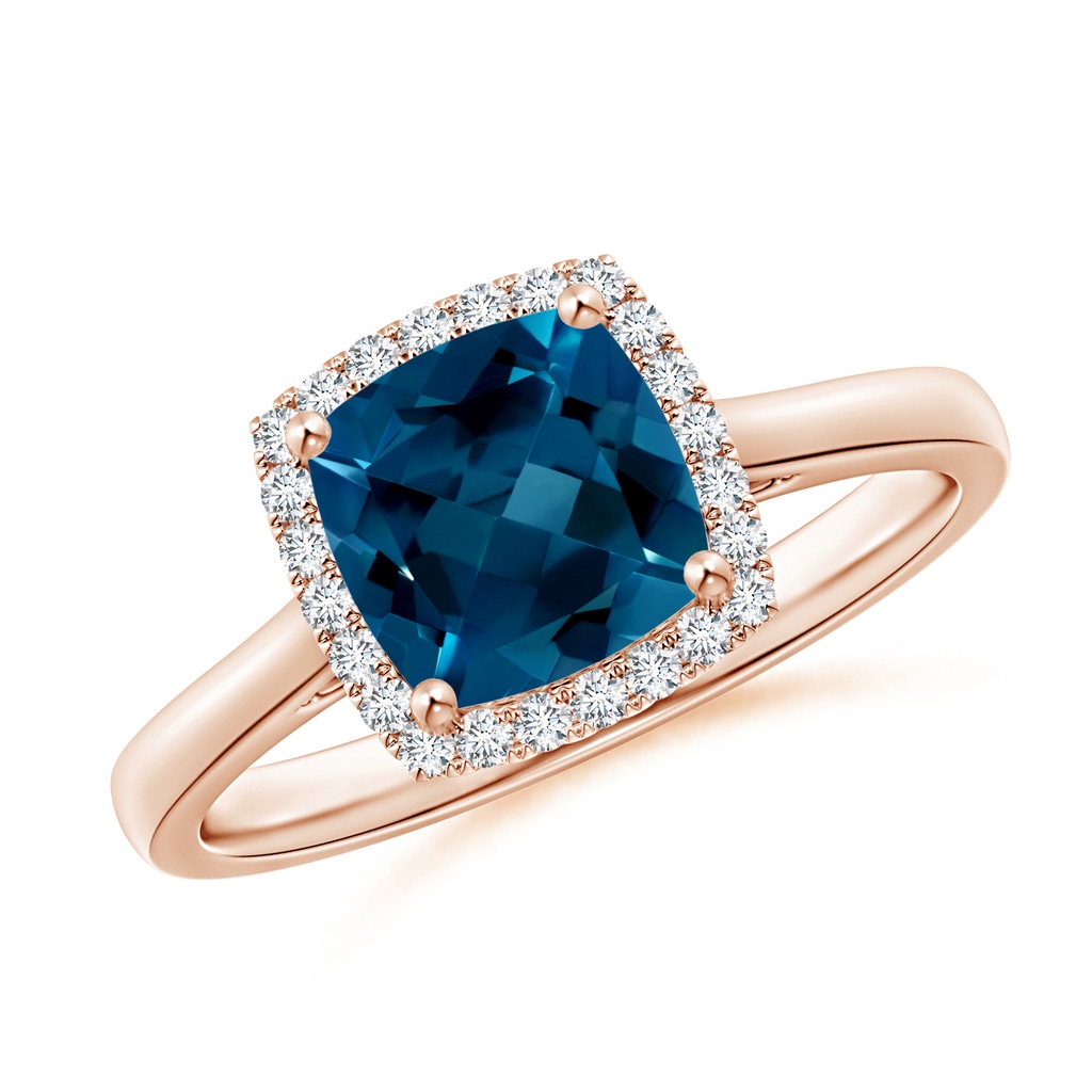 7mm AAAA Classic Cushion London Blue Topaz Halo Engagement Ring in Rose Gold
