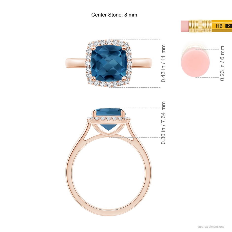 8mm AA Classic Cushion London Blue Topaz Halo Engagement Ring in Rose Gold ruler