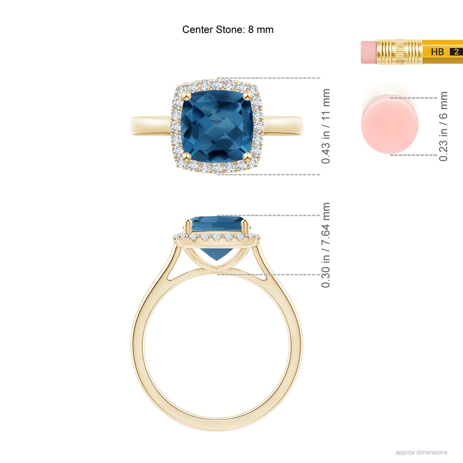 8mm AA Classic Cushion London Blue Topaz Halo Engagement Ring in Yellow Gold ruler