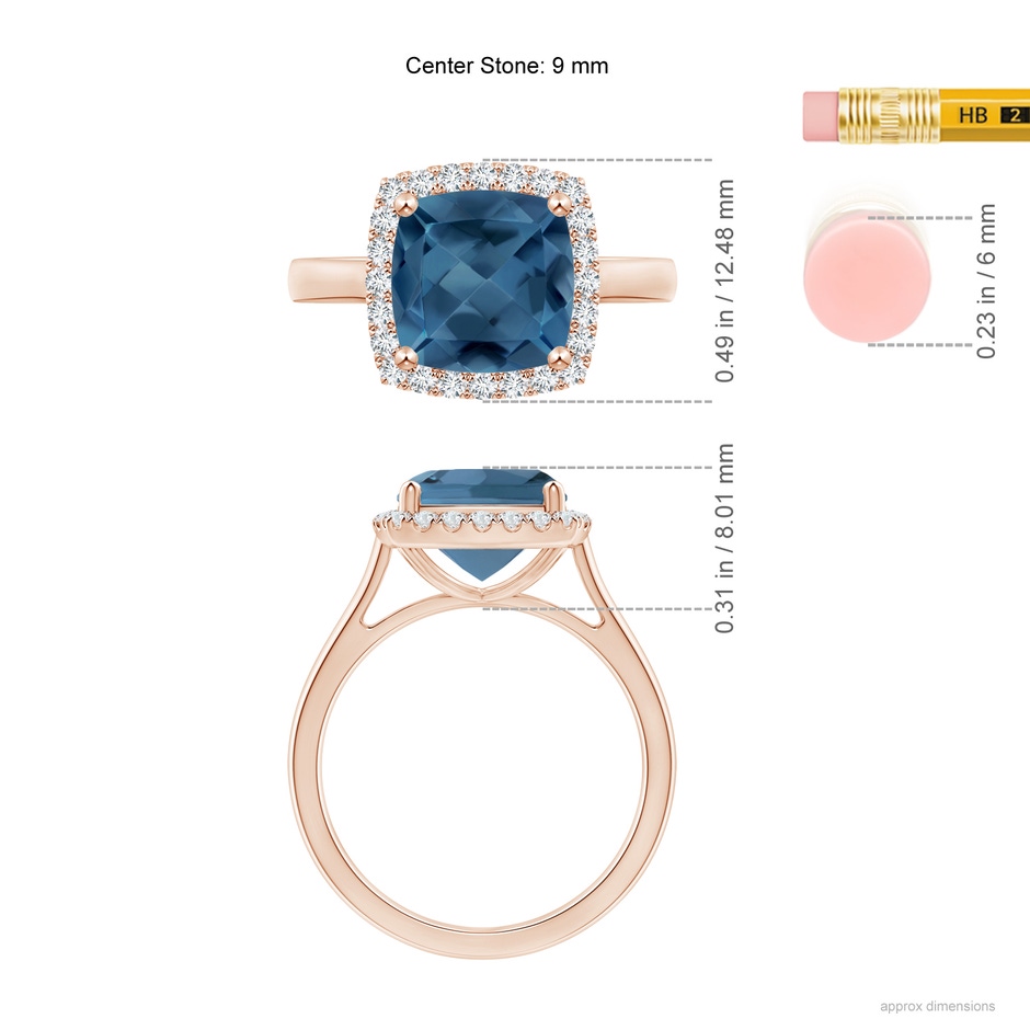 9mm A Classic Cushion London Blue Topaz Halo Engagement Ring in Rose Gold ruler