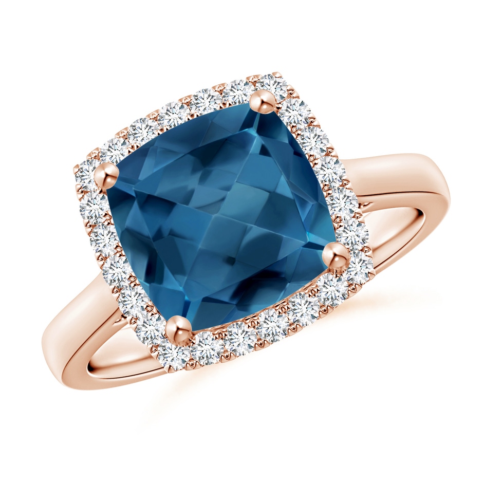 9mm AA Classic Cushion London Blue Topaz Halo Engagement Ring in 18K Rose Gold 