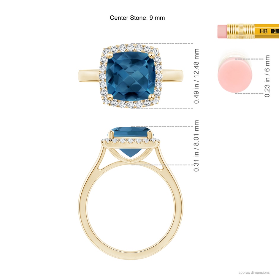 9mm AA Classic Cushion London Blue Topaz Halo Engagement Ring in 18K Yellow Gold ruler