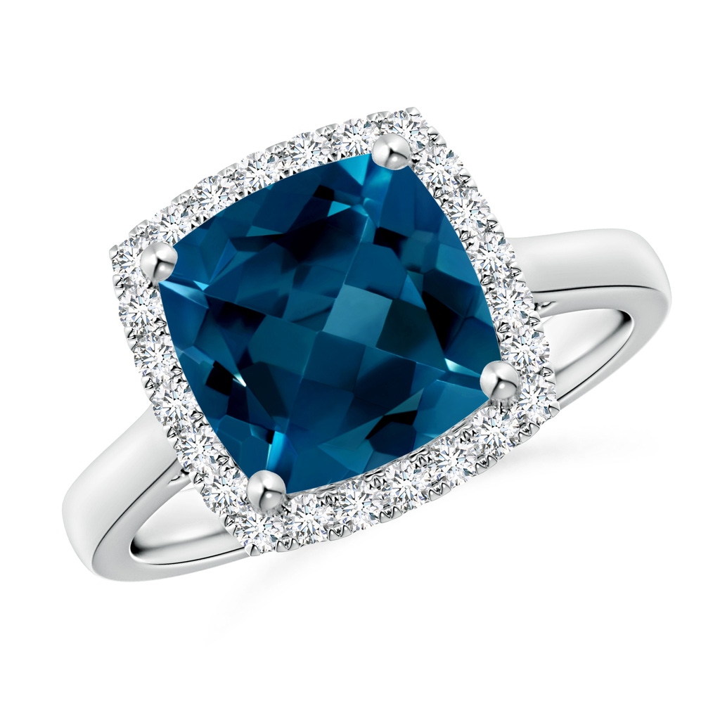 9mm AAAA Classic Cushion London Blue Topaz Halo Engagement Ring in P950 Platinum