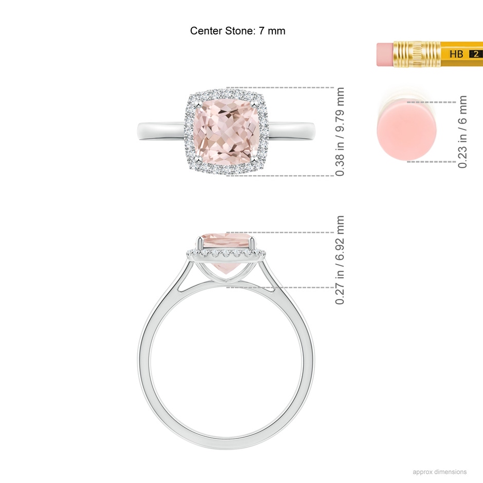 7mm A Classic Cushion Morganite Halo Engagement Ring in White Gold ruler