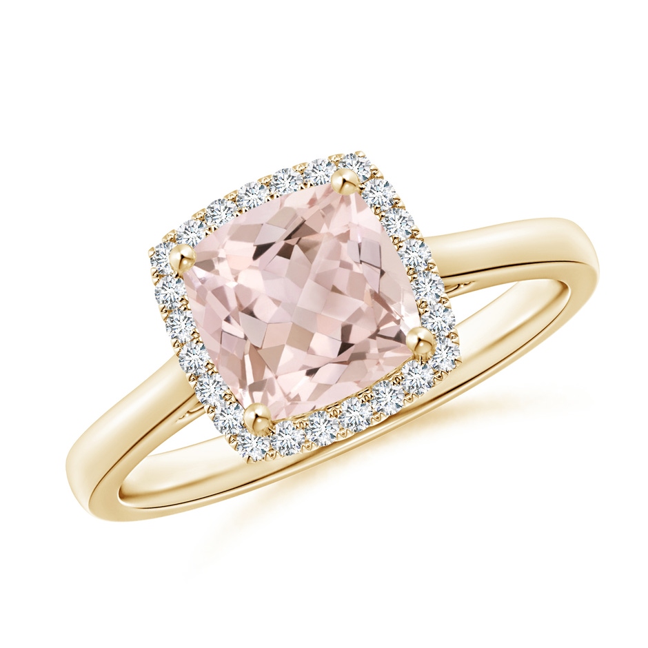 7mm A Classic Cushion Morganite Halo Engagement Ring in Yellow Gold 