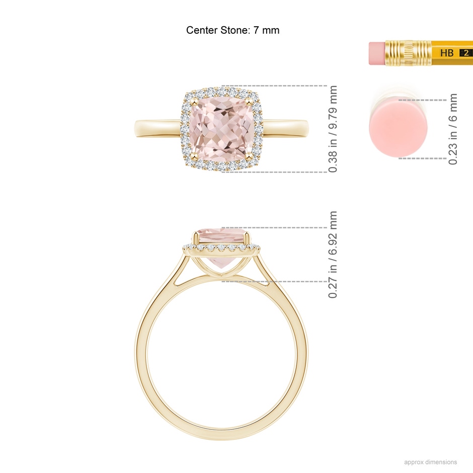 7mm A Classic Cushion Morganite Halo Engagement Ring in Yellow Gold ruler