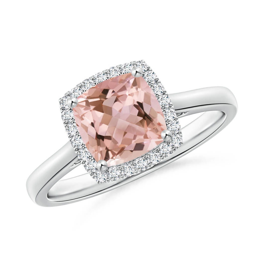 7mm AAAA Classic Cushion Morganite Halo Engagement Ring in White Gold