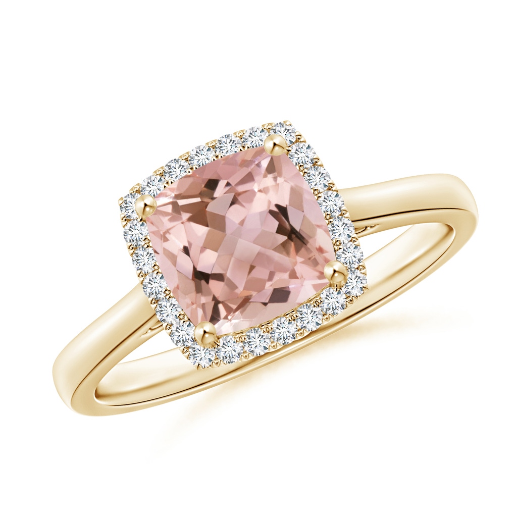 7mm AAAA Classic Cushion Morganite Halo Engagement Ring in Yellow Gold