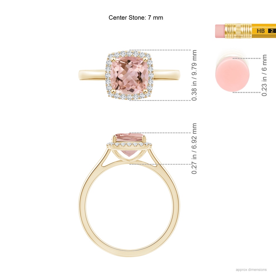 7mm AAAA Classic Cushion Morganite Halo Engagement Ring in Yellow Gold ruler