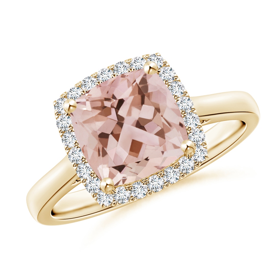 8mm AAA Classic Cushion Morganite Halo Engagement Ring in Yellow Gold 