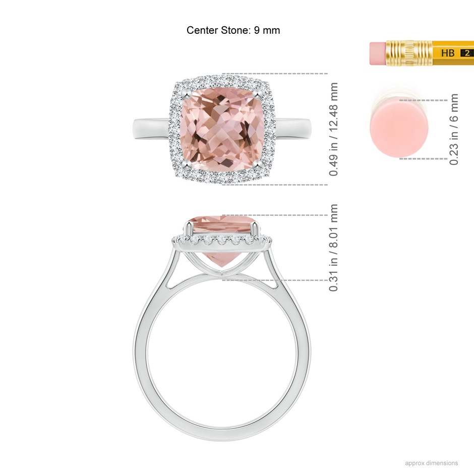 9mm AAAA Classic Cushion Morganite Halo Engagement Ring in White Gold ruler