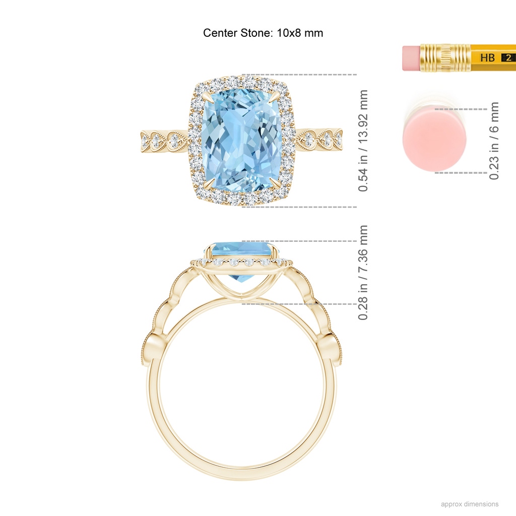 10x8mm AAAA Cushion Aquamarine Halo Ring with Marquise Motifs in Yellow Gold Ruler