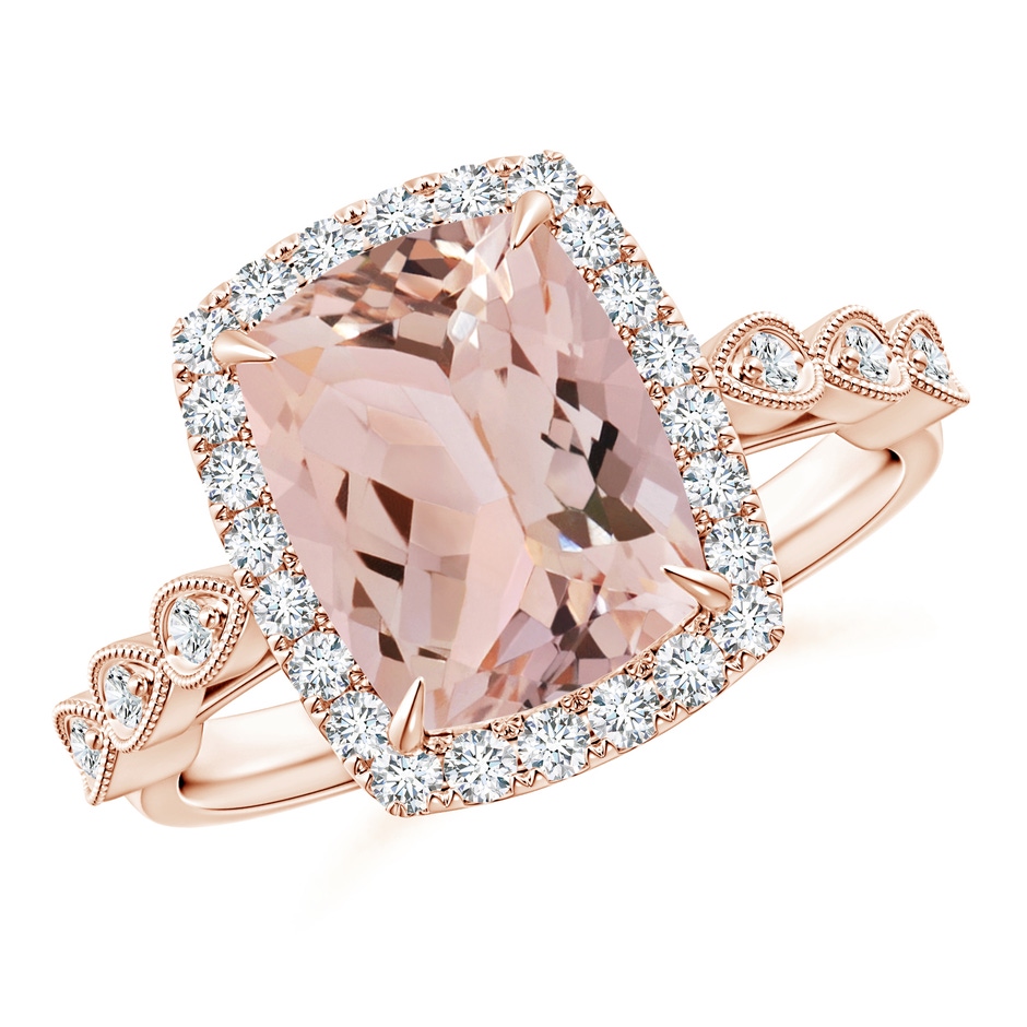 10x8mm AAA Cushion Morganite Halo Ring with Marquise Motifs in Rose Gold 