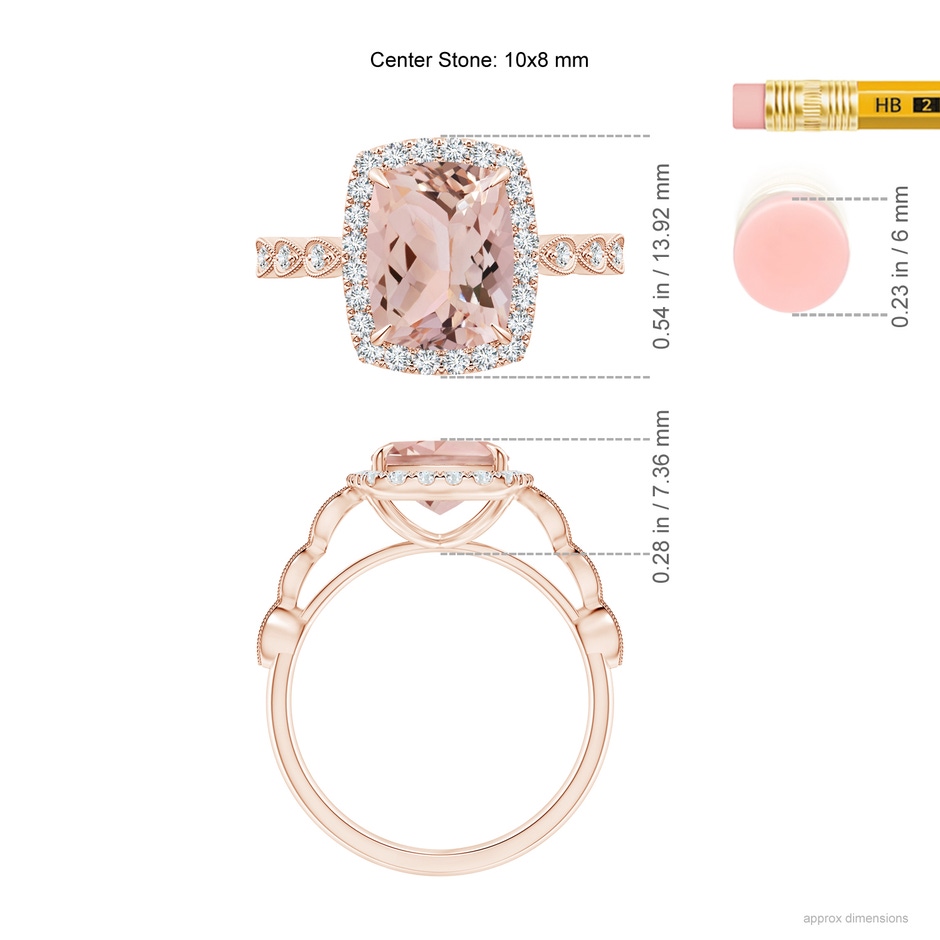 10x8mm AAA Cushion Morganite Halo Ring with Marquise Motifs in Rose Gold ruler