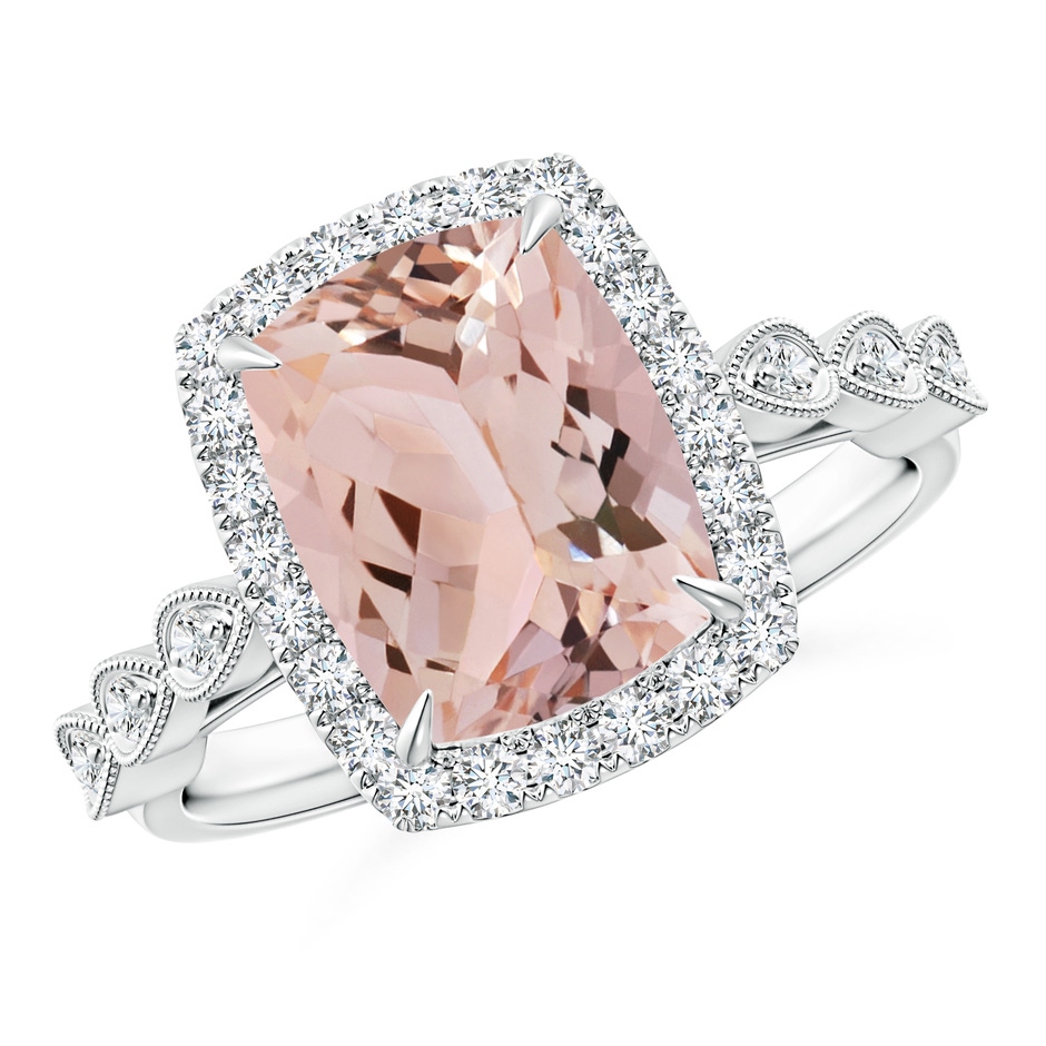 10x8mm AAA Cushion Morganite Halo Ring with Marquise Motifs in White Gold 